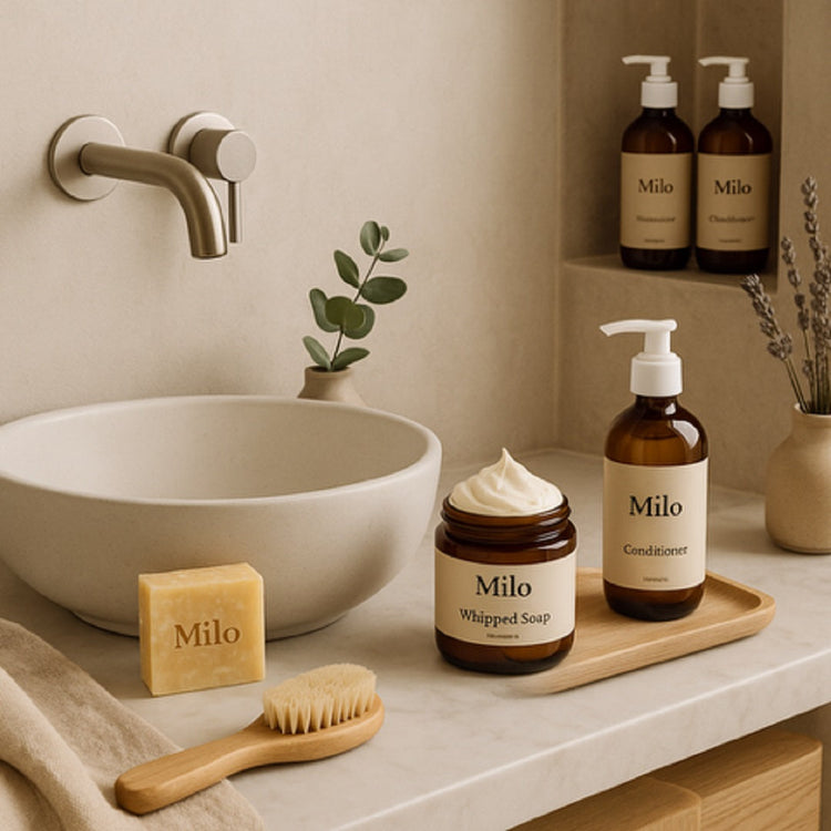 Home Essentoals in Bathtoom Interior by Milo Soap