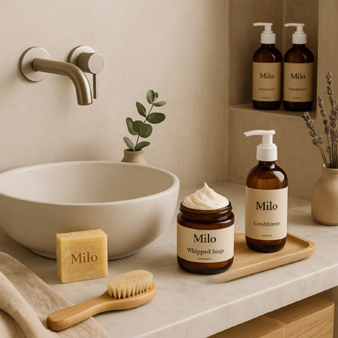 Home Essentoals in Bathtoom Interior by Milo Soap